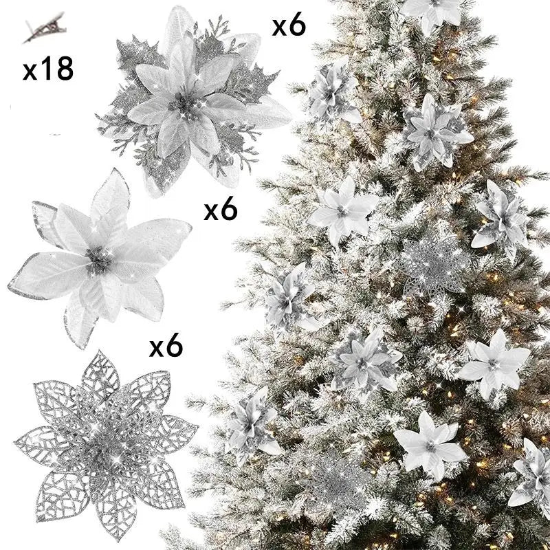A collection of six glittered artificial white flowers with clips displayed next to a decorated Christmas tree.