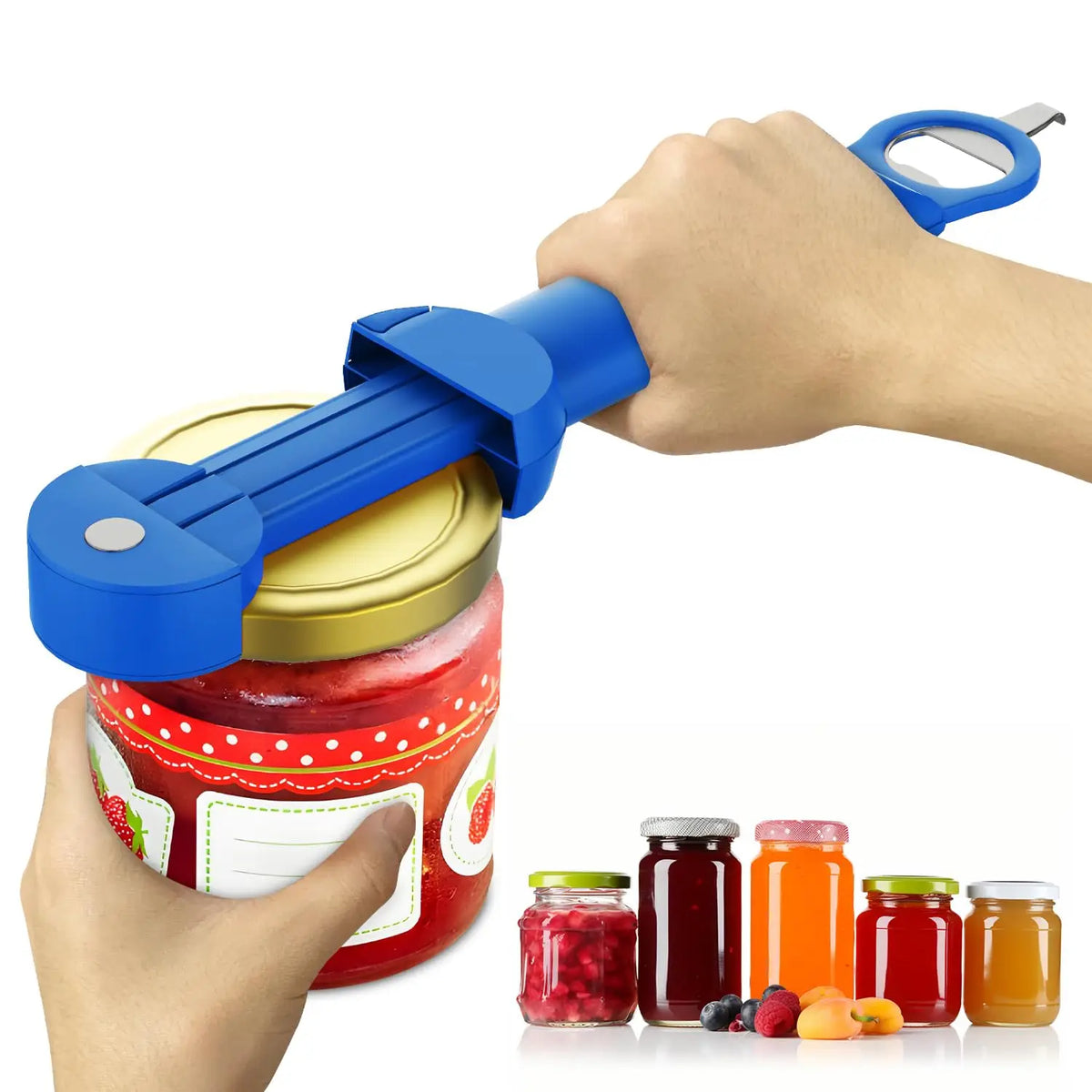 A hand is using a blue ergonomic jar and bottle opener set to open a red glass jar.