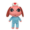 A blue dog plush toy with pink ears and a red cross on its head.