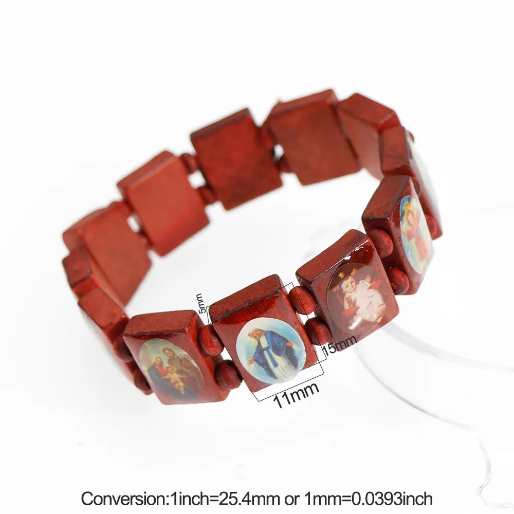 A brown wooden rosary bracelet featuring charms of the Virgin Mary and Jesus.