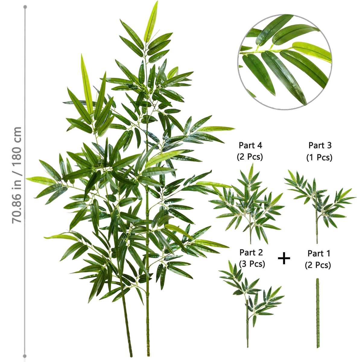 Artificial bamboo branch with green leaves shown in various parts and a full plant view.
