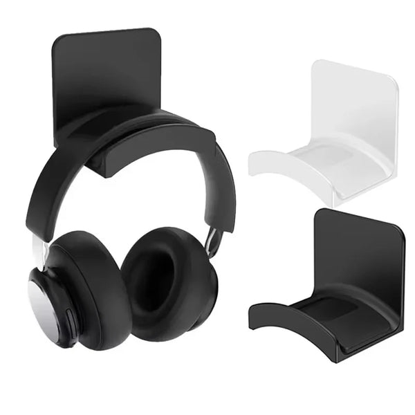 Black universal wall-mounted headphone holder and hanger with a white plastic bracket.