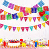 Colorful felt papel picado banners strung across a white background for festive celebrations