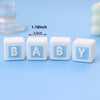 A set of white baby letter blocks spelling BABY, measuring 1.18 inches each.