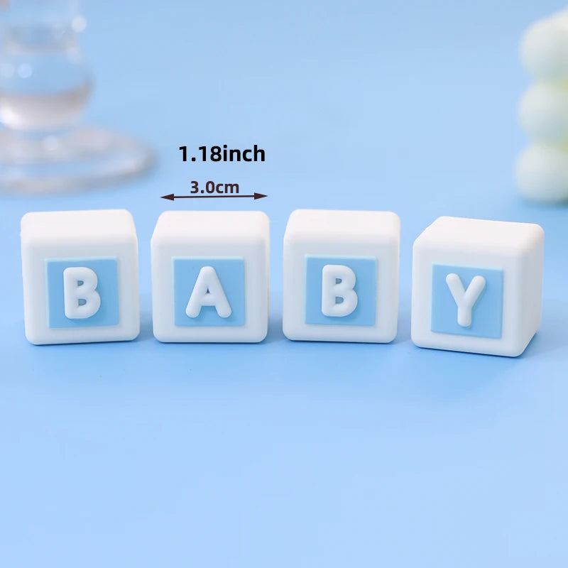 A set of white baby letter blocks spelling BABY, measuring 1.18 inches each.