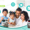 A family is shown interacting with a transparent counting piggy bank and digital coin bank concepts.
