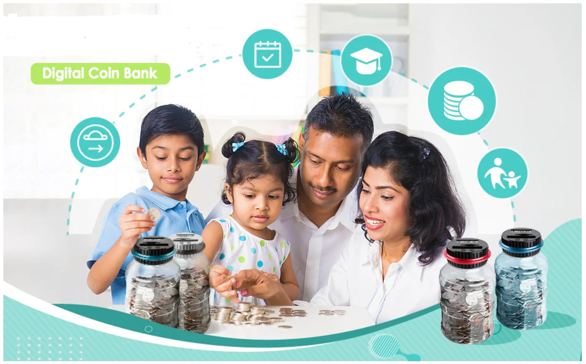 A family is shown interacting with a transparent counting piggy bank and digital coin bank concepts.