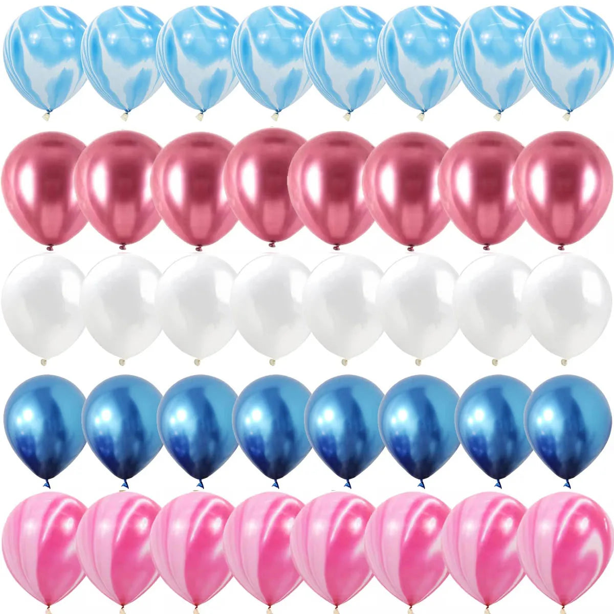 A set of balloons in blue and pink colors, including solid colored balloons and confetti-filled balloons.