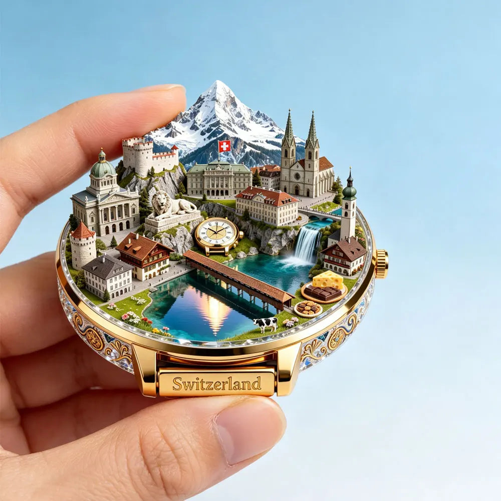 A gold-toned watch-shaped fridge magnet featuring an embossed scenic landscape of Switzerland including mountains, architectu