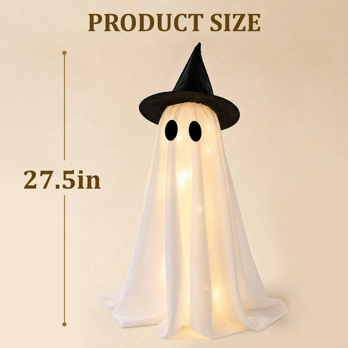 Figura fantasma blanca con sombrero de bruja negro y rasgos brillantes, mostrada contra un fondo claro.