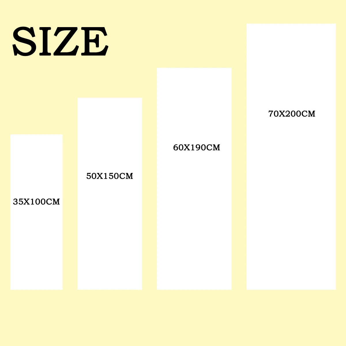 A display showing various sizes of custom linen banners, labeled with dimensions like 50x150cm and 70x200cm.