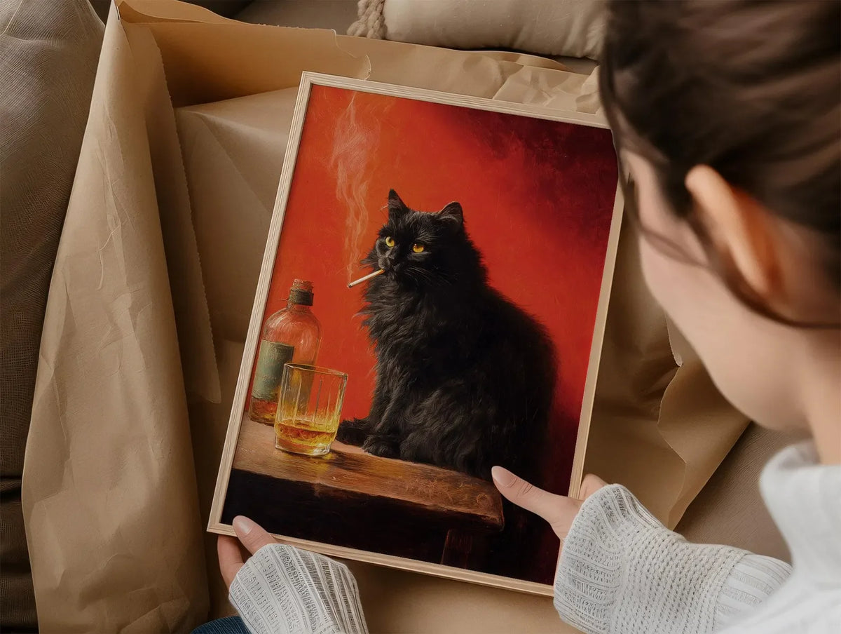 A person holds a framed poster featuring a black cat smoking on a wooden surface.