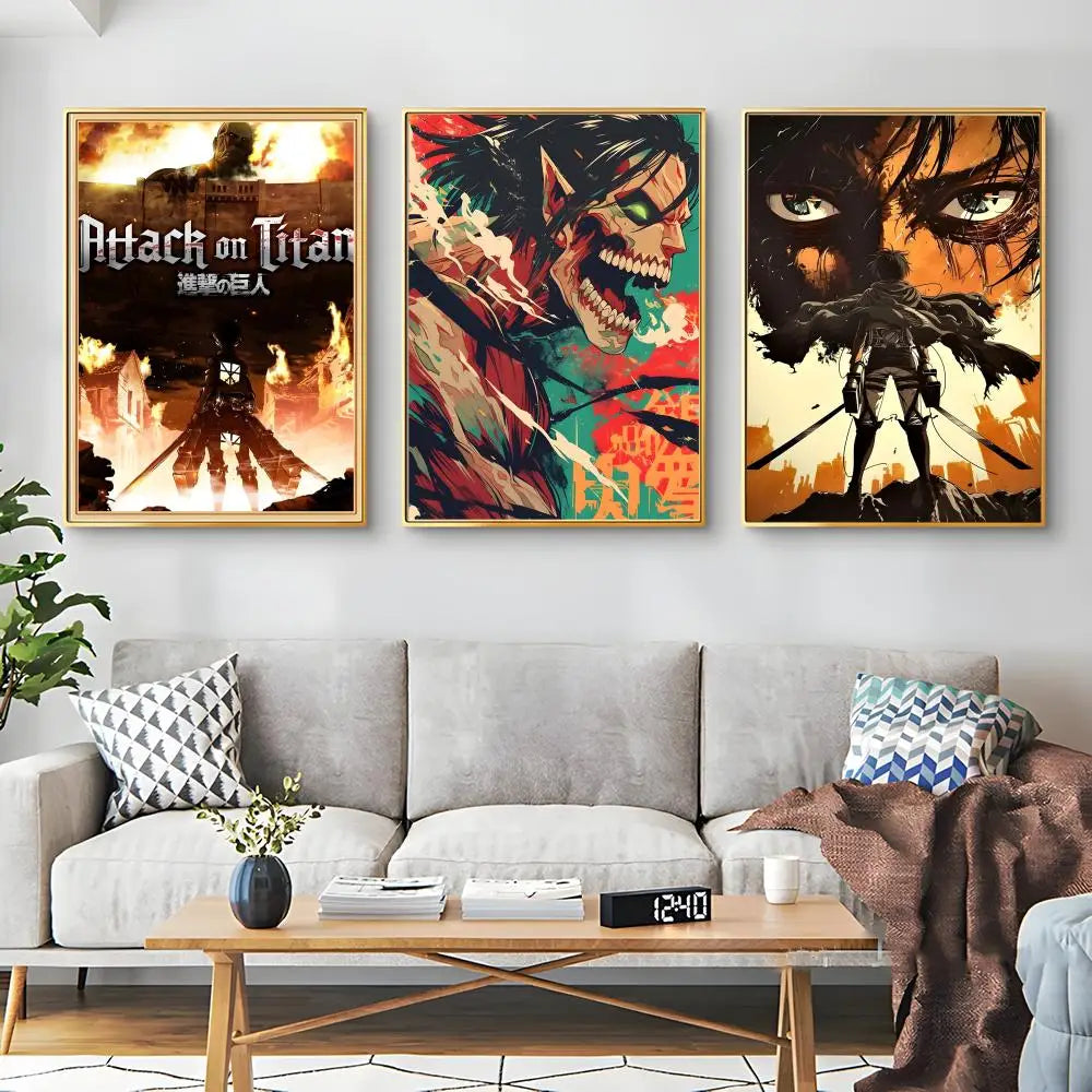 Three framed posters featuring characters and scenes from Attack on Titan displayed on a light gray sofa.