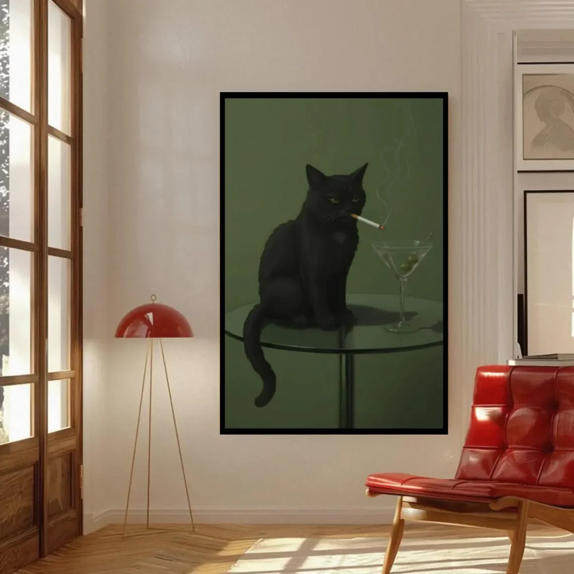 A framed poster featuring a black cat smoking on a green background, displayed in a bright room.