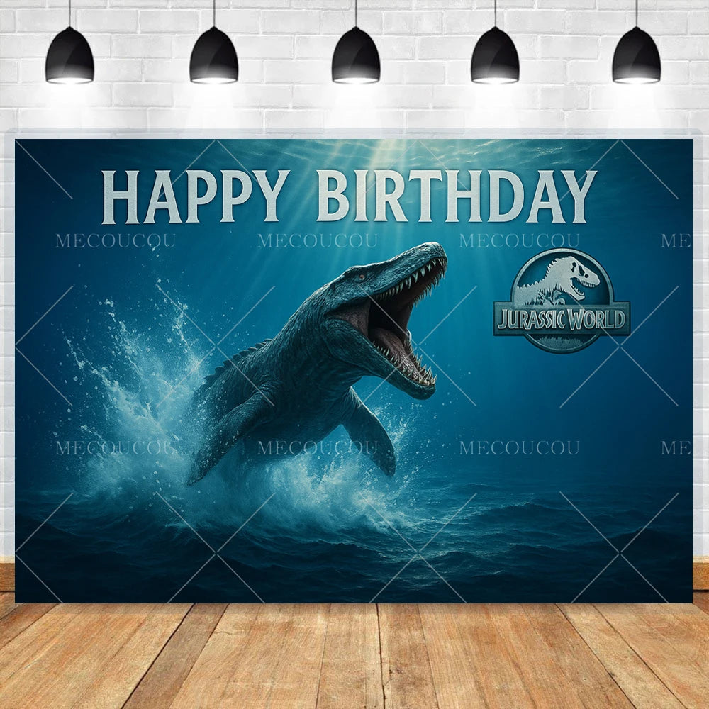 A dark blue backdrop featuring a Jurassic World dinosaur silhouette wishing a happy birthday.