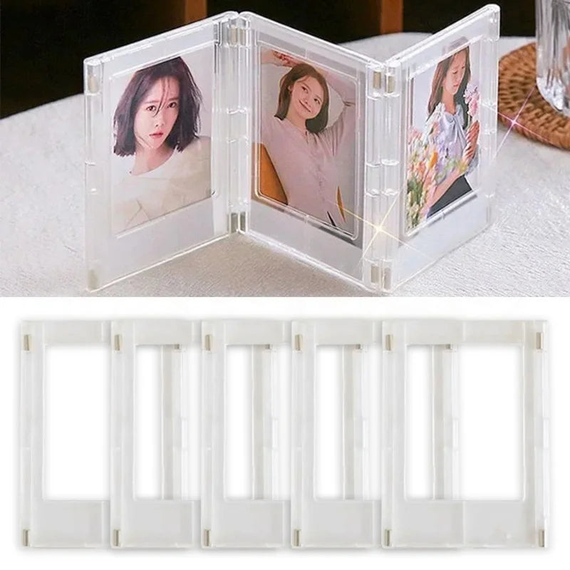 A set of magnetic mini photo frames displaying three different pictures, shown open and closed.