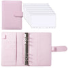 A pink A6 PU leather budget planner binder with cash envelopes and expense sheets.