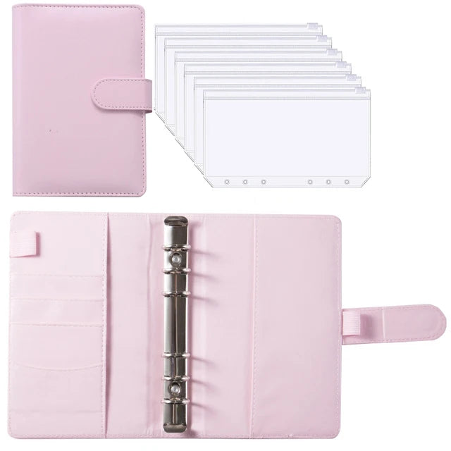 A pink A6 PU leather budget planner binder with cash envelopes and expense sheets.