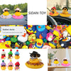 A colorful set of rubber ducks in various colors and designs for play