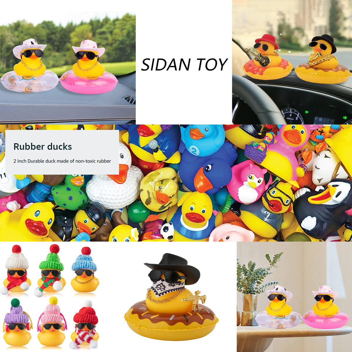 A colorful set of rubber ducks in various colors and designs for play