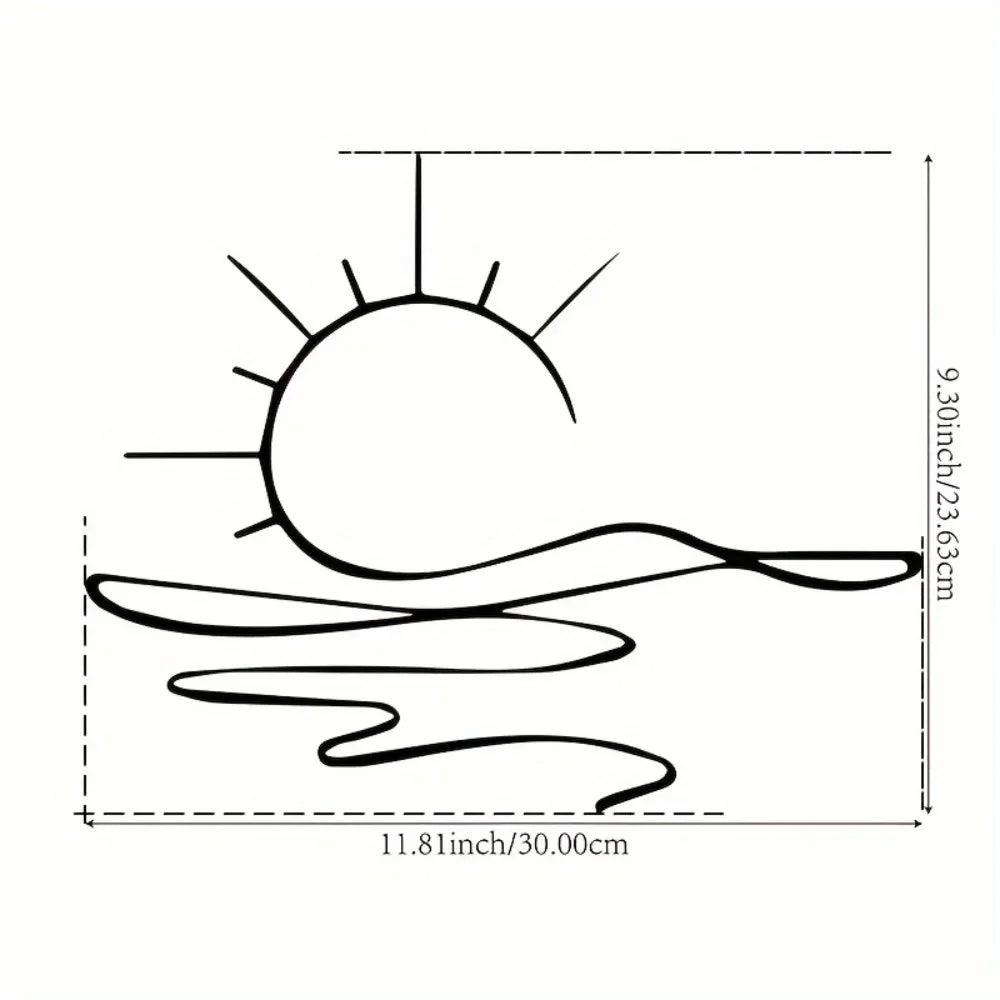 Line drawing of a sun with rays and wavy lines, used as metal prayer cross wall art.