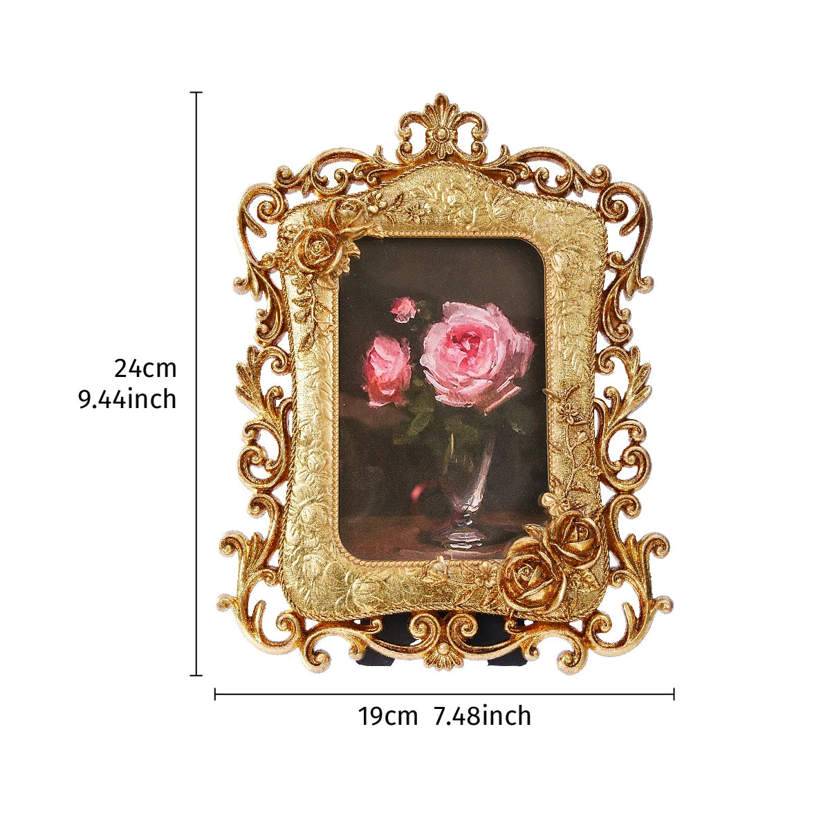 Gold-colored ornate resin photo frame with a pink rose painting inside