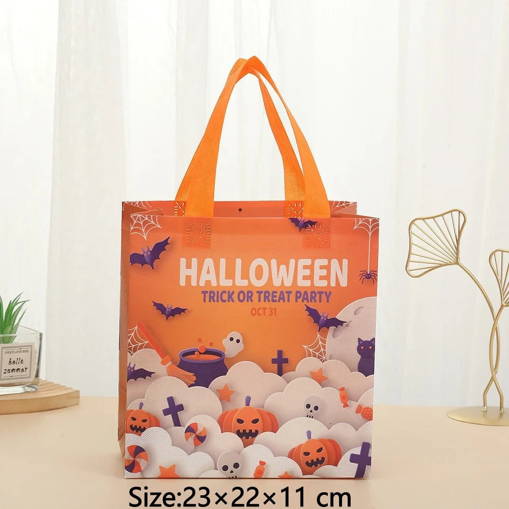 Orange Halloween trick or treat party tote bag featuring a cloud pattern with bats and pumpkins
