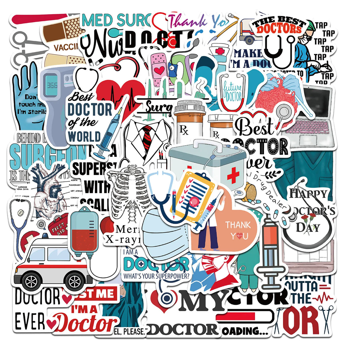 A collection of cute pink graffiti stickers featuring various doctor and medical-themed text and icons.