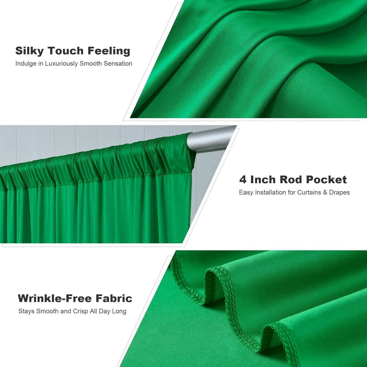 Emerald green silky touch fabric curtains with a 4 inch rod pocket and wrinkle-free finish