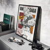 A framed poster of the Vinland Saga anime featuring a character in battle, displayed on a shelf.