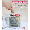 Clear acrylic smash box piggy bank for $10K savings challenge with various denominations of banknotes and coins.