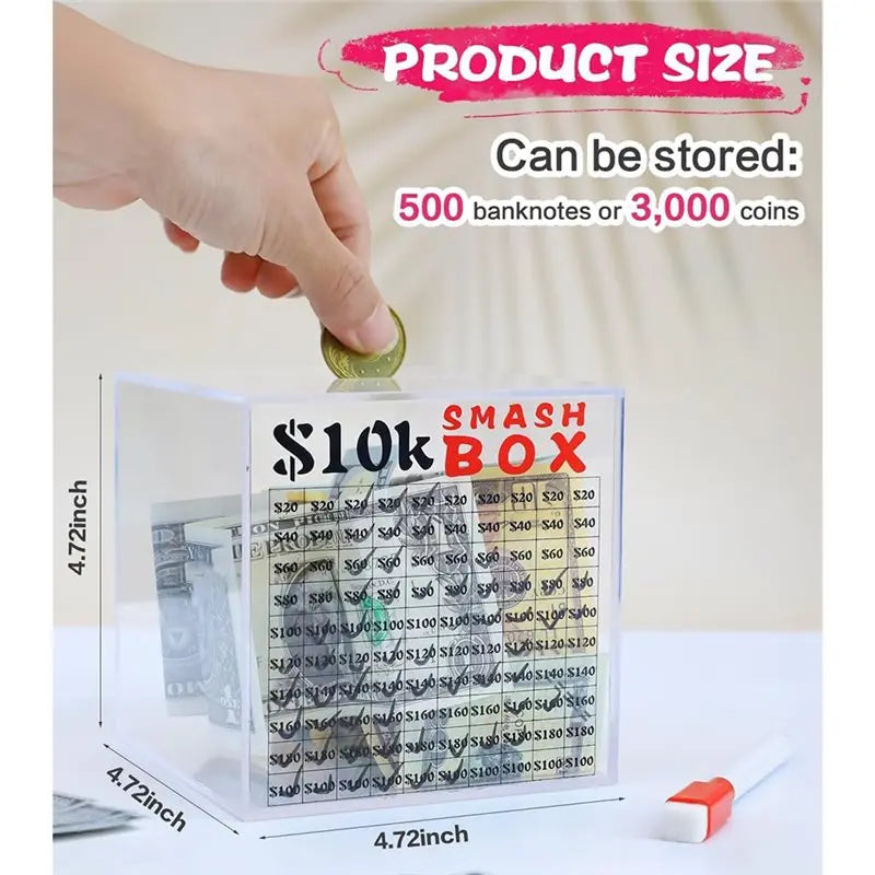 Clear acrylic smash box piggy bank for $10K savings challenge with various denominations of banknotes and coins.