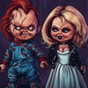 A portrait of Chucky the doll, a horror figure, is shown next to a woman in a dress.