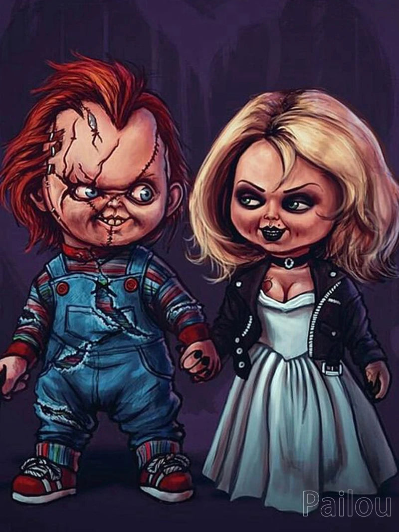 A portrait of Chucky the doll, a horror figure, is shown next to a woman in a dress.