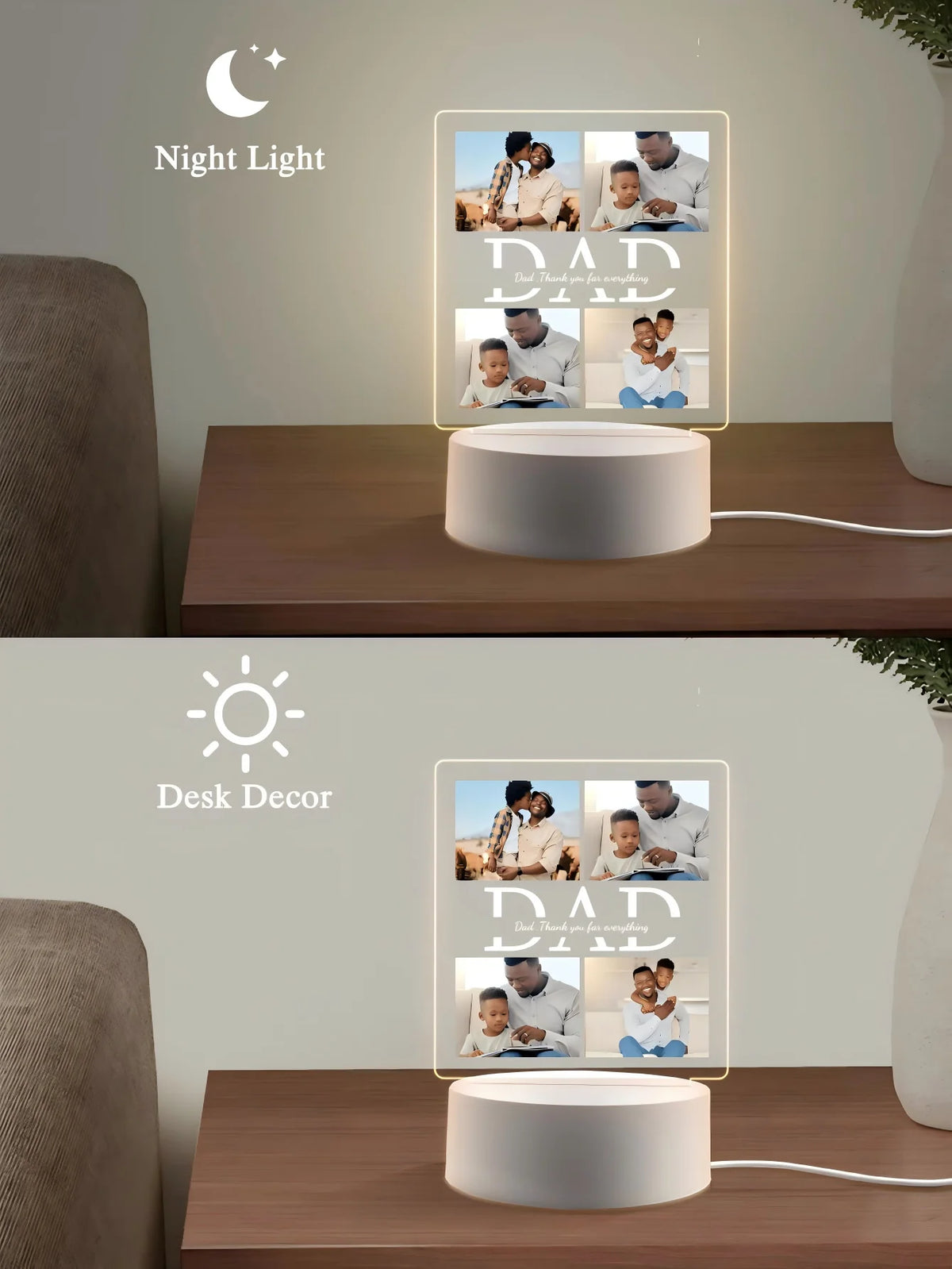 A personalized photo acrylic night light is shown in two modes: Night Light and Desk Decor, featuring a photo of a father and