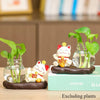 Mini resin desk ornament featuring a green ivy plant and a white lucky cat figurine in a glass vase.