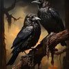 A dark bird perched on a tree branch against a moody, dramatic background.
