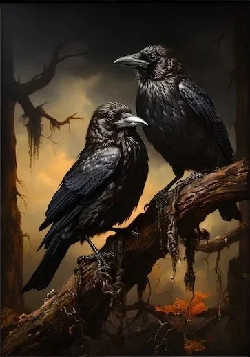 A dark bird perched on a tree branch against a moody, dramatic background.