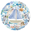 A circular arrangement of watercolor stickers depicting various ocean life, including sailboats and sea creatures.