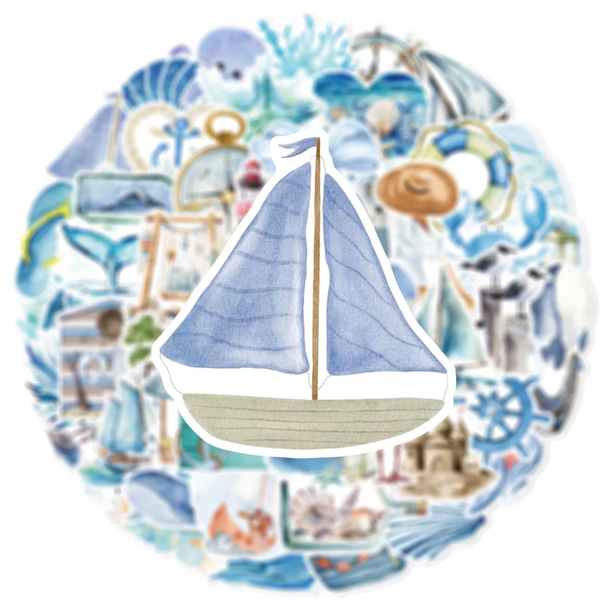 A circular arrangement of watercolor stickers depicting various ocean life, including sailboats and sea creatures.