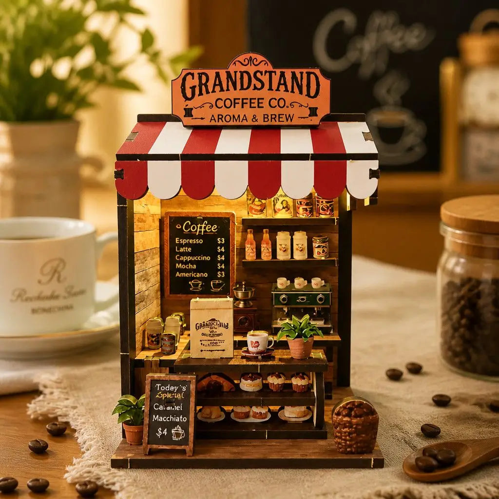 A miniature wooden shop display featuring coffee items and a striped awning, used as a DIY fridge magnet.