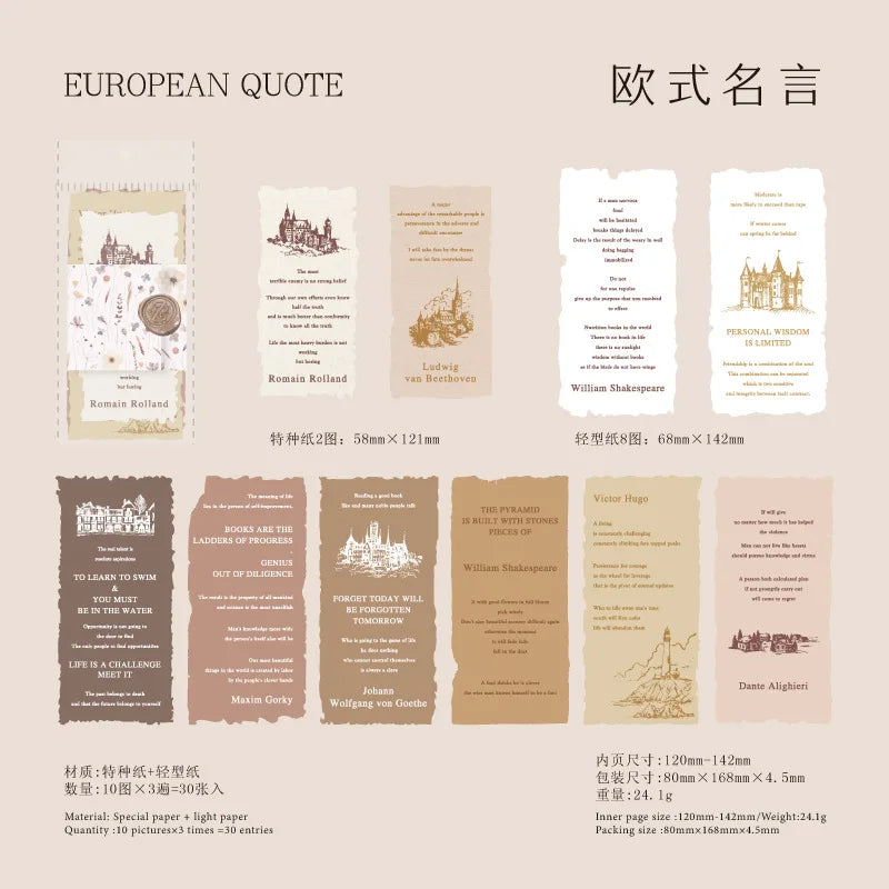 A set of vintage old English manuscript decor paper featuring various quotes and designs.