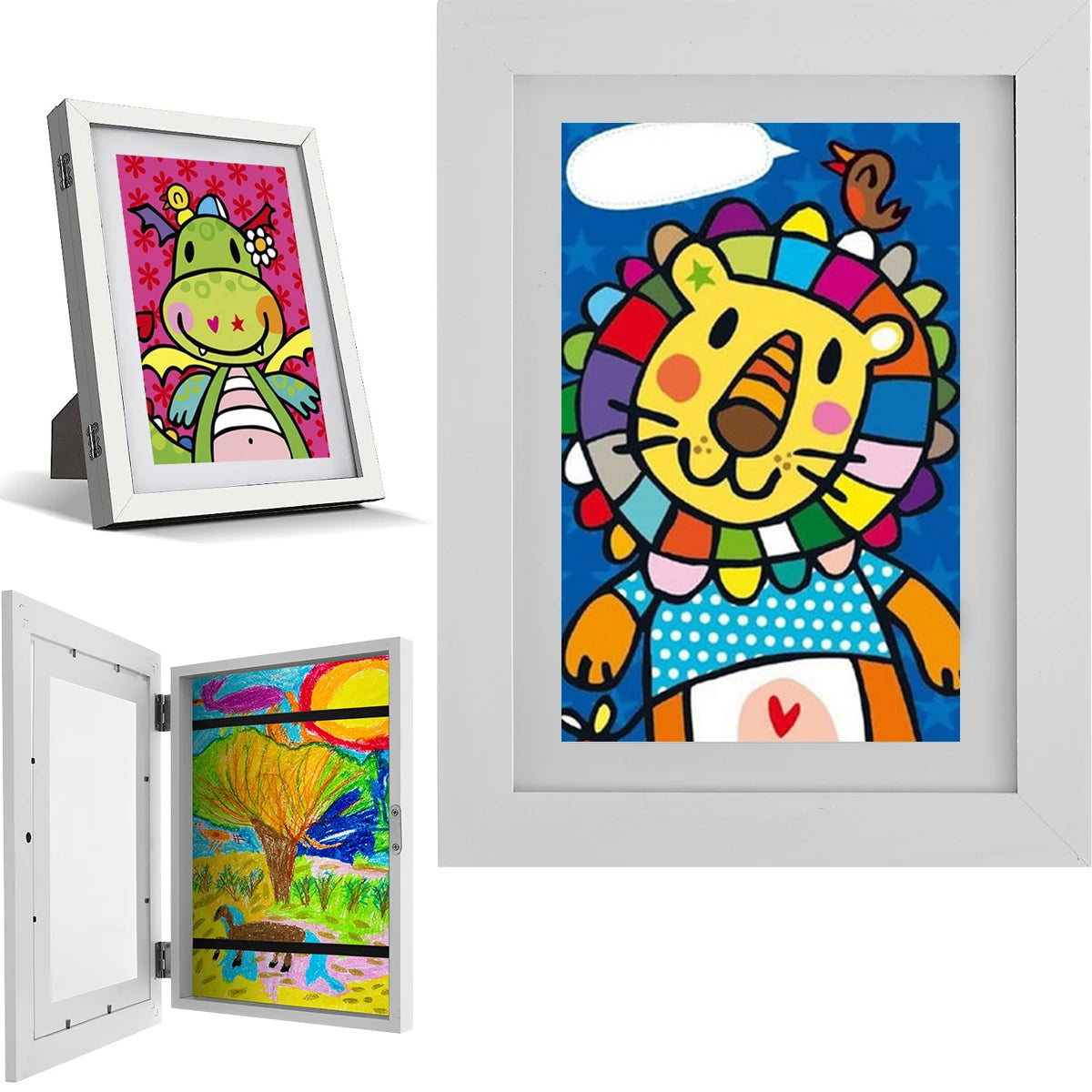 A framed piece of colorful children's artwork featuring a lion face and vibrant colors.