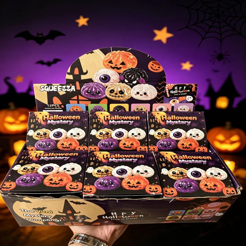A box of Halloween Mystery squishy blind box stress relief toys featuring pumpkin and spooky themed items.