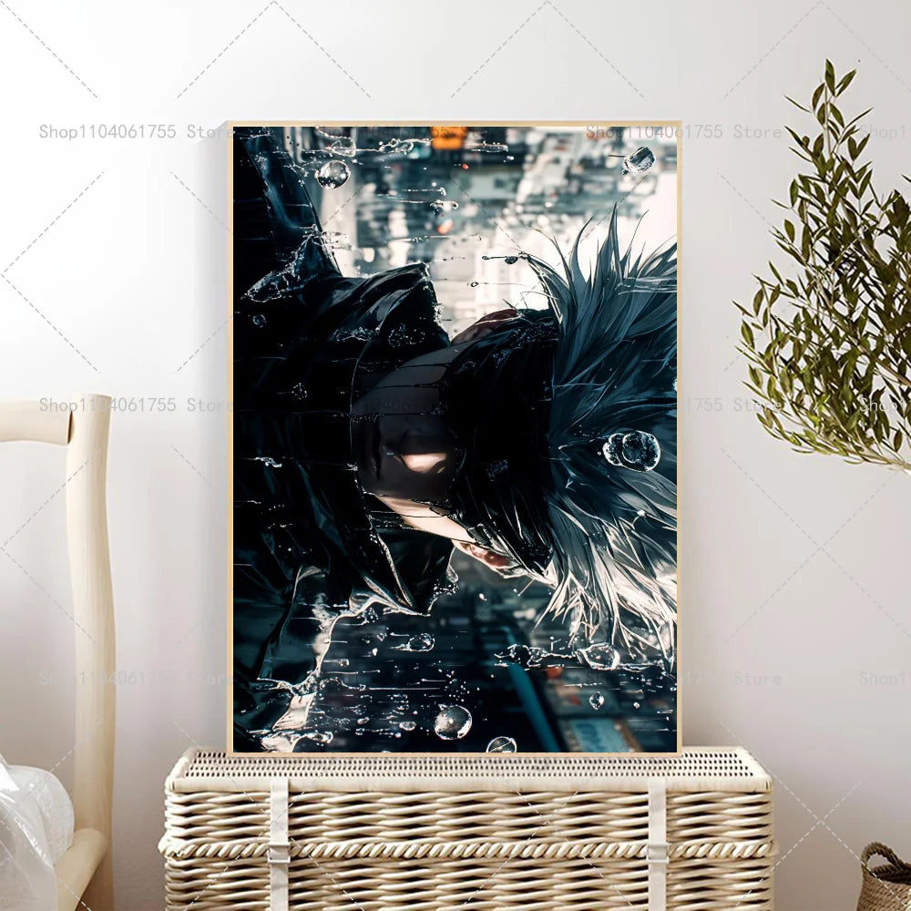 A vertical poster featuring Gojo Satoru from anime, with dark hair and intense eyes against a city background.