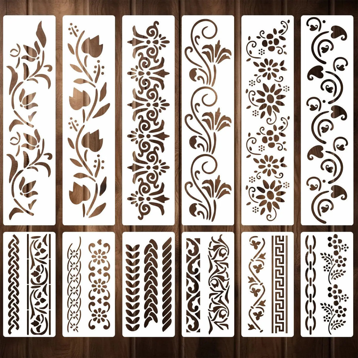 A set of reusable floral alphabet stencils for painting and decals shown in various designs.