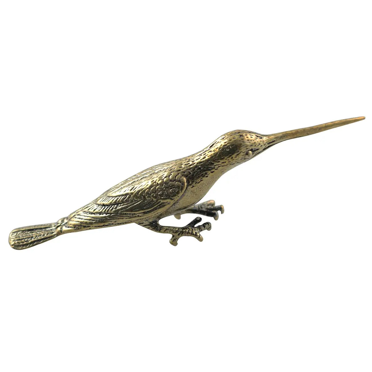 Vintage brass hummingbird statue with a slender body and long beak.