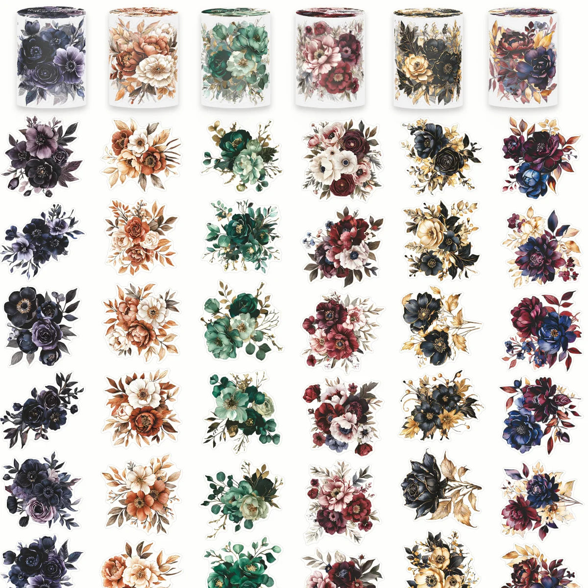 A collection of floral PET sticker rolls featuring various dried and preserved flowers in muted tones.
