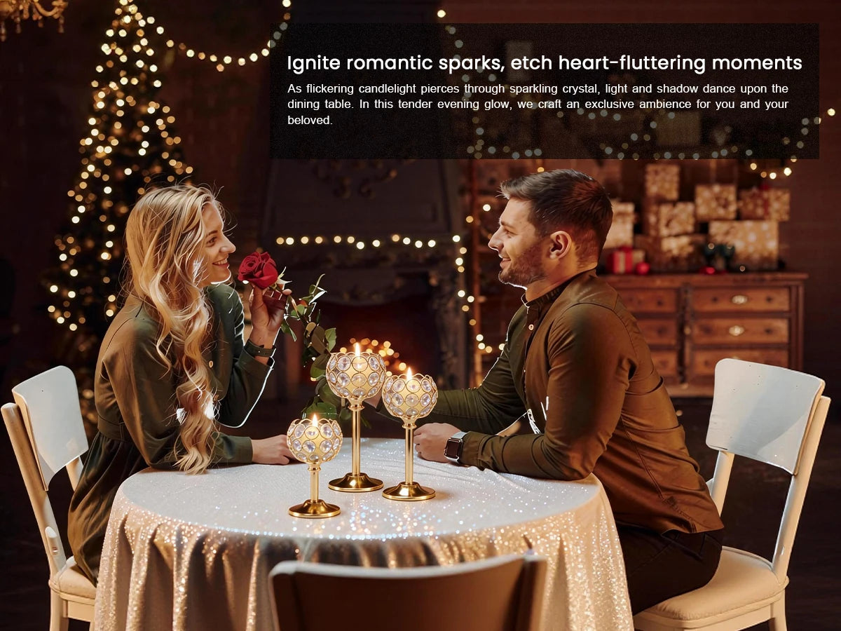 A couple is seated at a table with glowing metal glass candle holders in a romantic, dimly lit setting.