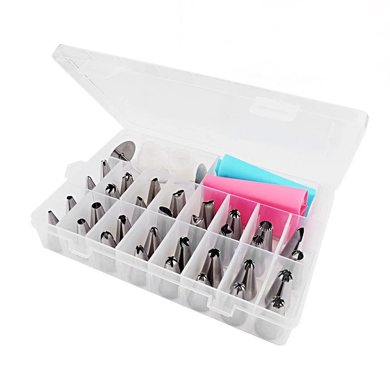 A clear plastic box containing a complete 38-piece cake decorating set with piping nozzles and tools.